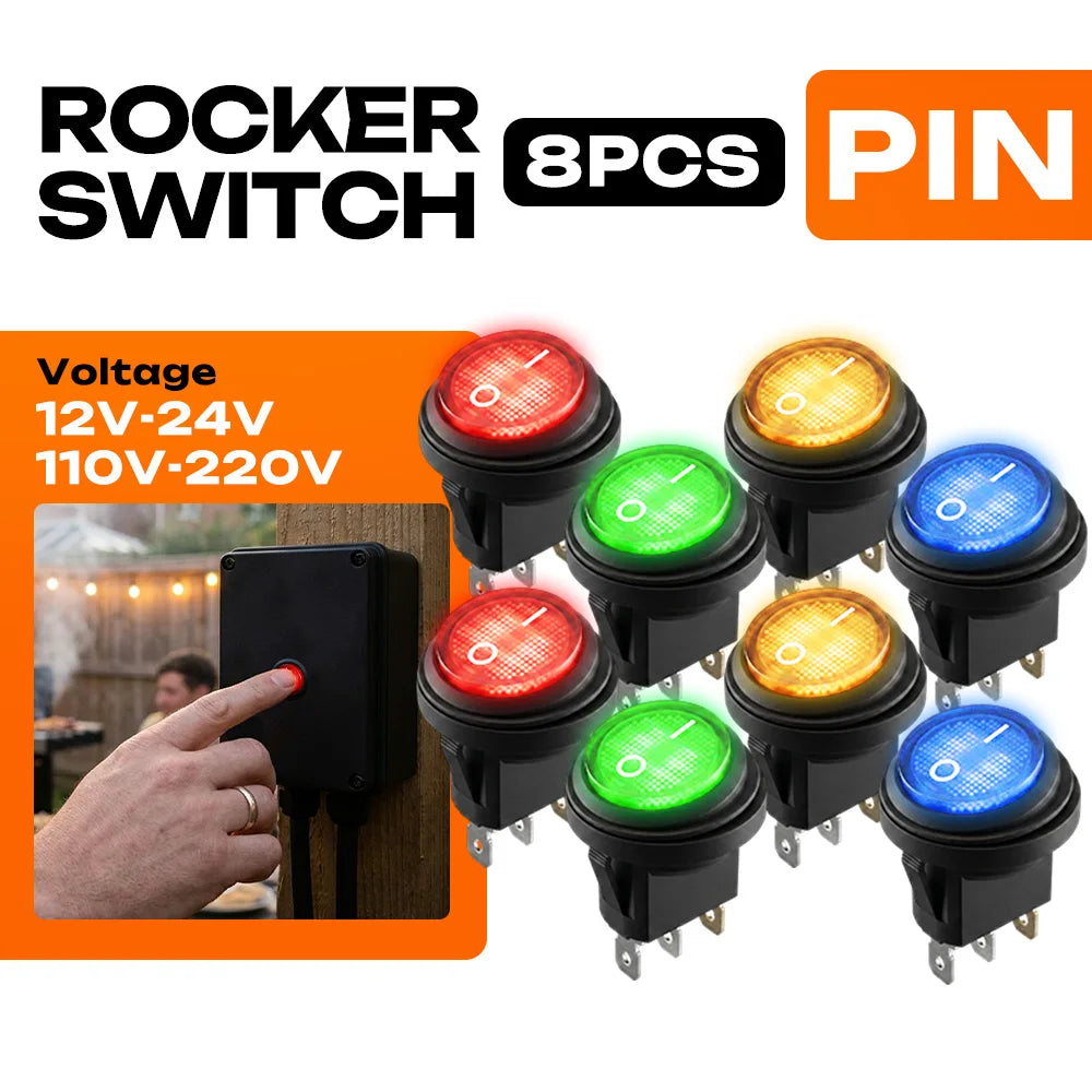 FILN 8PCS 12V 24V 110V 220V Waterproof Rocker Switch 3 Pin LED Lighted ON-OFF Round SPST Toggle Switch for Car Boat Marine PA66