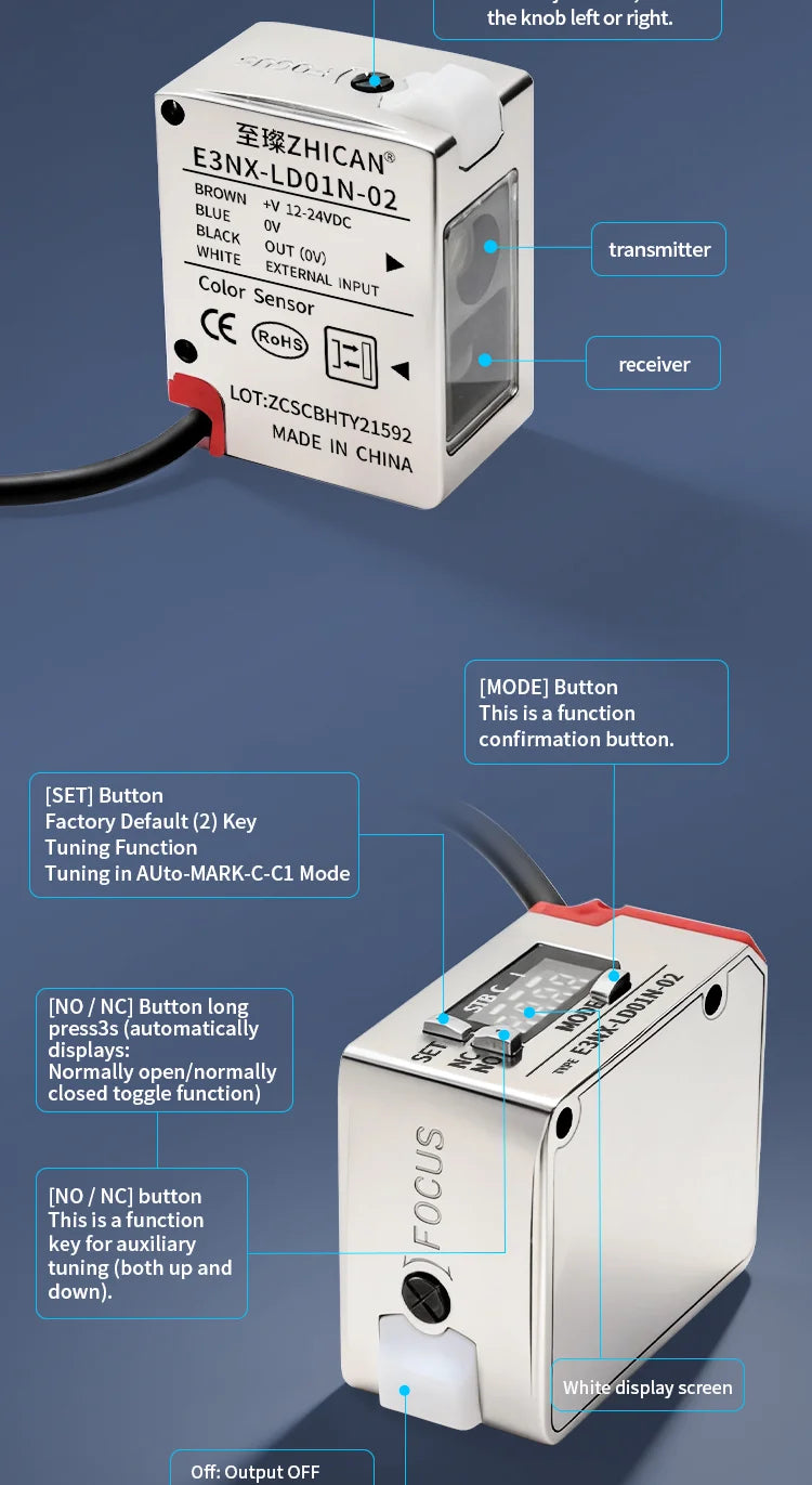 ZHICAN E3NX-L Color Mark Sensor 30-200mm Adjustable Sensing Distance High Precision Registration Detection Label Positioning