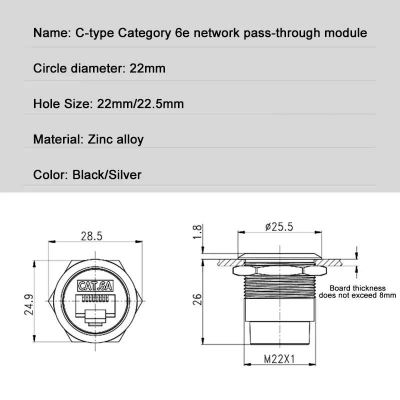 Metal CAT6A C-type RJ45 Network Direct Module Socket Cat 6A Ethernet Interface Data Signal Connector RJ45 Round Panel Sockets
