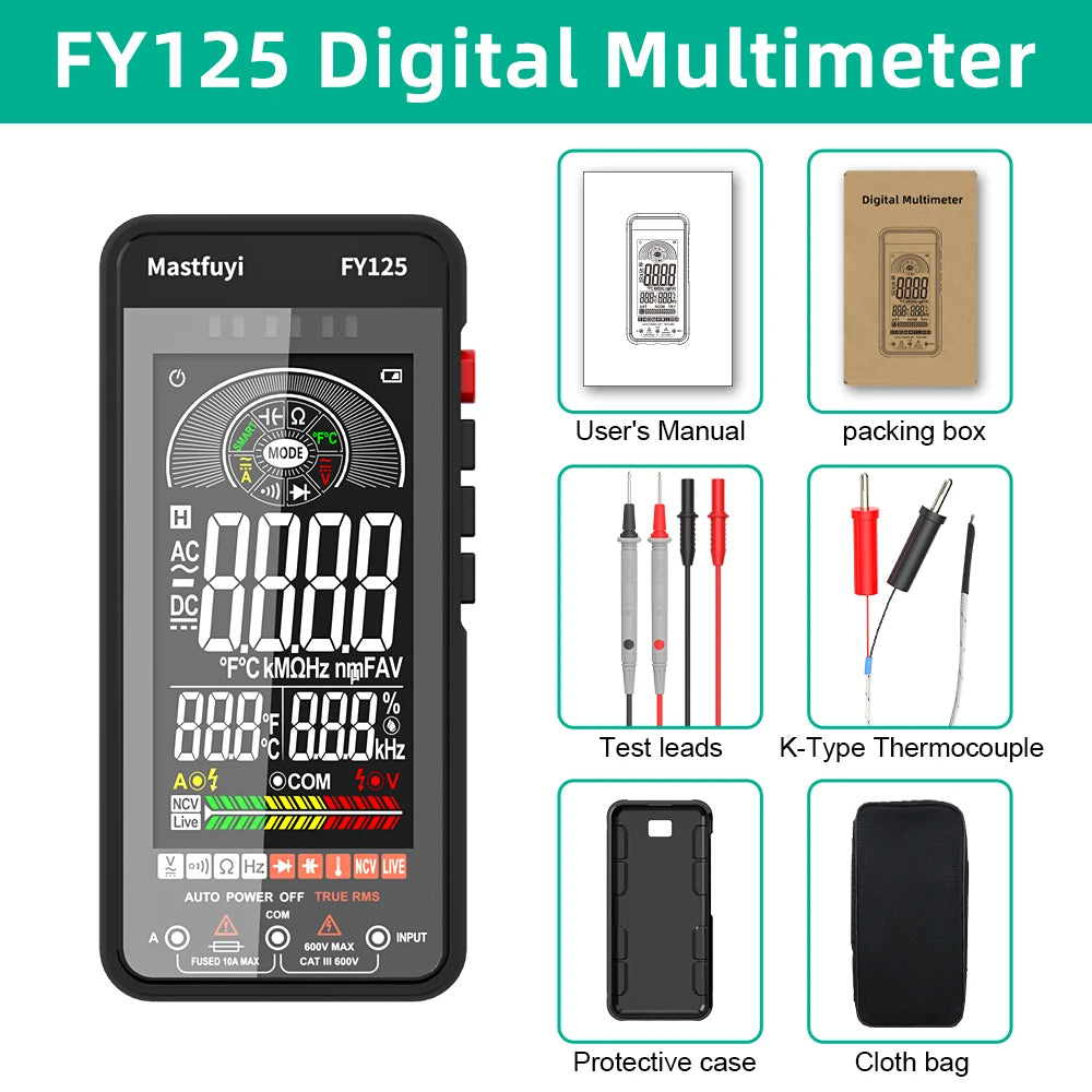MASTFUYI Auto-Ranging Digital Multimeter High Precision 6000 Counts True RMS Tester Capacitance Ohm Hz Test Electrician Tools