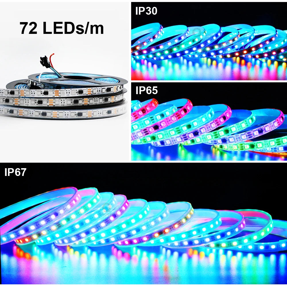 DC12V 24V WS2811 RGB LED Strip Individually Addressable 30/48/60/72/84 Leds/m Tape Light IP30/65/67 Waterproof Flexible Ribbon