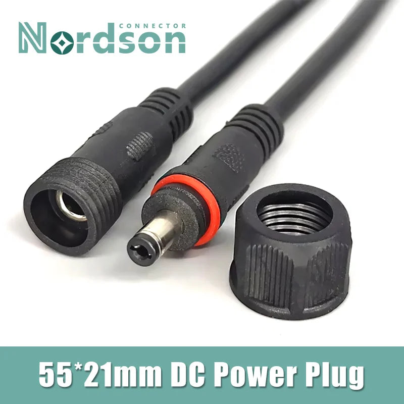 12V DC Power Plug 55*21mm 2Pin Waterproof Connector Male Female Terminal Butt Joint Monitoring Line 1-5M Extension Cord IP67