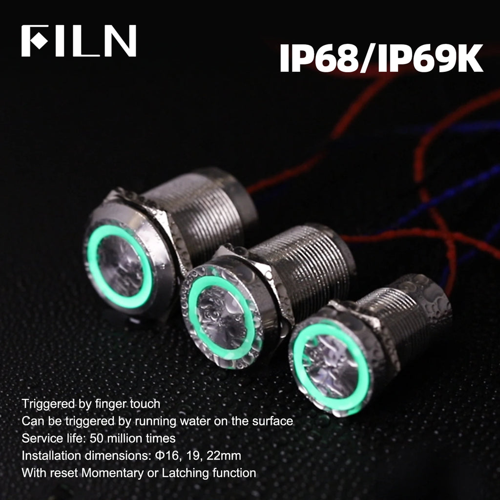 FILN 16/19/22mm Stainless Steel Touch Push Button Switch Dual Color LED Red Green Waterproof IP68/IP69K DC 12V/24V Momentary
