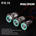FILN 16/19/22mm Stainless Steel Touch Push Button Switch Dual Color LED Red Green Waterproof IP68/IP69K DC 12V/24V Momentary