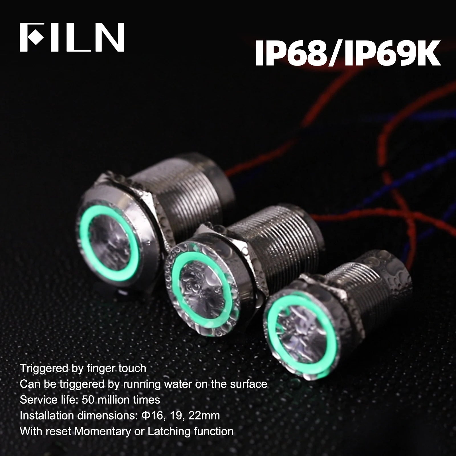 FILN 16/19/22mm Stainless Steel Touch Push Button Switch Dual Color LED Red Green Waterproof IP68/IP69K DC 12V/24V Momentary