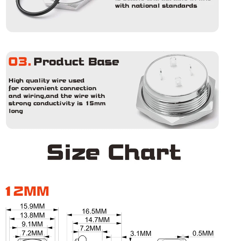 12/16/19/22mm Metal Push Button Switch Short Stroke Silver Shell Waterproof High Head With Power LED Light Momentary 1NO 6V 24V