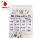 320PCS 720PCS 0603 0805 1206 SMD Capacitor Assorted Kit 16/36/50Values 1PF - 10UF Capacitance Set 100NF 0.1UF 1UF 2.2UF 4.7UF
