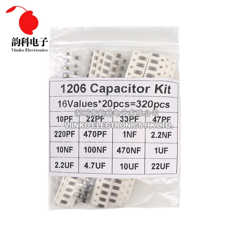 320PCS 720PCS 0603 0805 1206 SMD Capacitor Assorted Kit 16/36/50Values 1PF - 10UF Capacitance Set 100NF 0.1UF 1UF 2.2UF 4.7UF