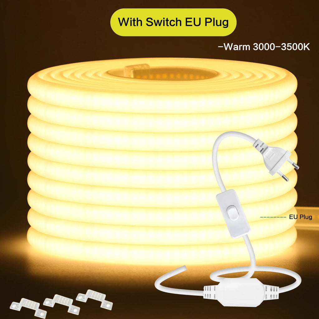 220V COB LED Strip Light With Switch/Dimmer Plug Super Bright 288LEDs/M IP65 3000K 4000K 6000K High Quality Indoor Outdoor Decor