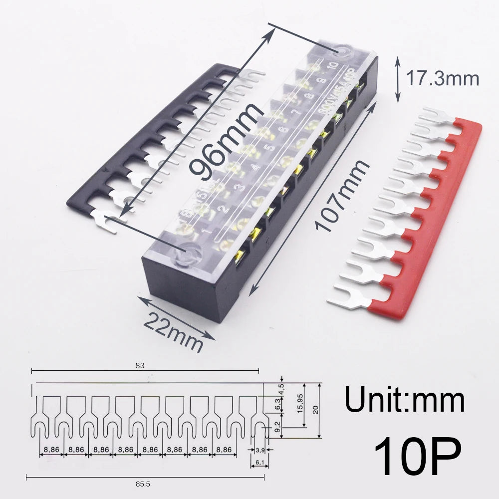 1pcs 15A 600V Dual Row Strip Screw Terminal Block With 2pcs Terminal Strip Short Piece TB Connector 3 4 5 6 8 10 12 Position