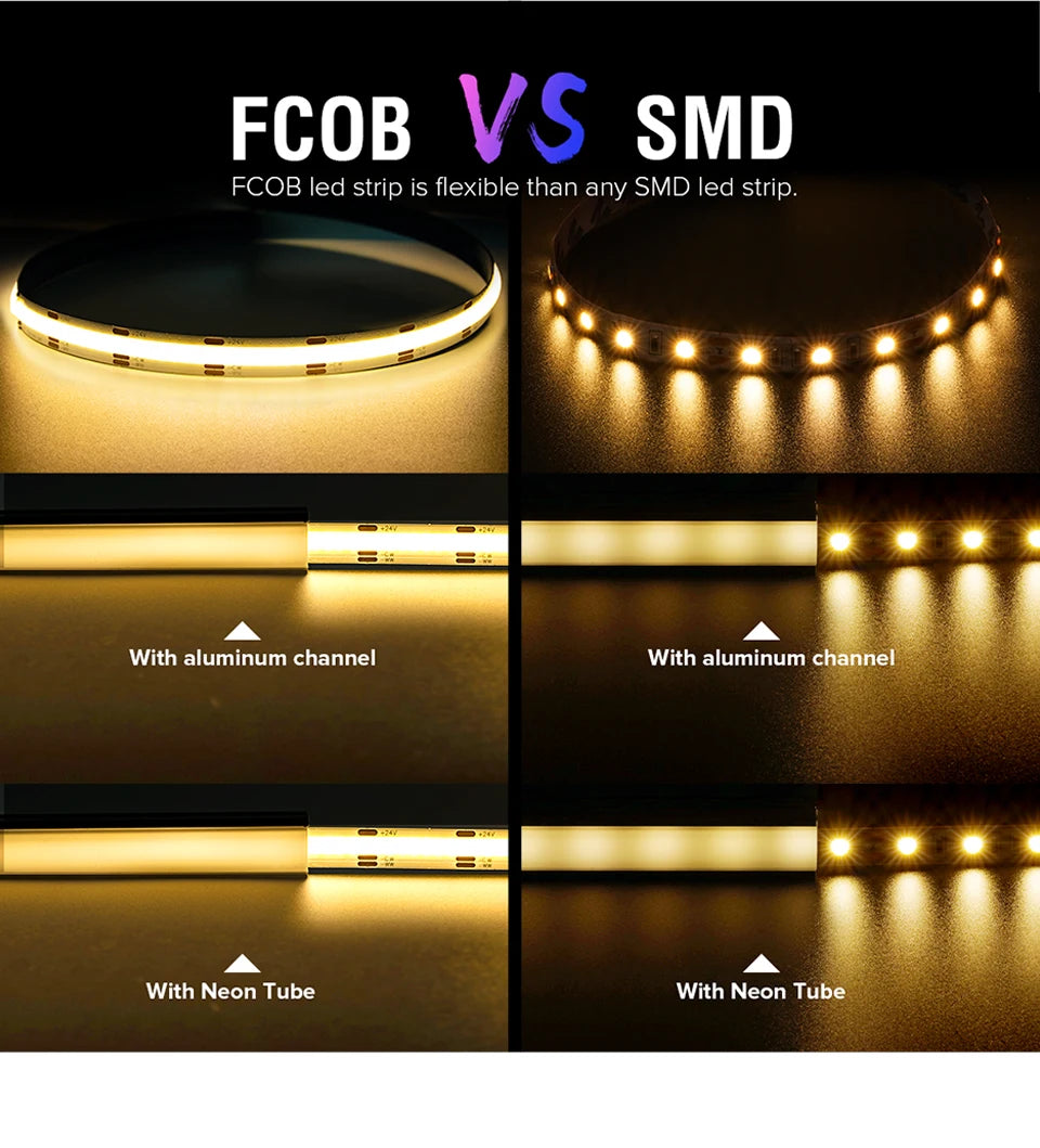 FCOB CCT LED Light Strip 640 LEDs High Density Flexible FOB COB 10mm Led Lights RA90 3000K to 6000K Linear Dimmable DC12V DC24V