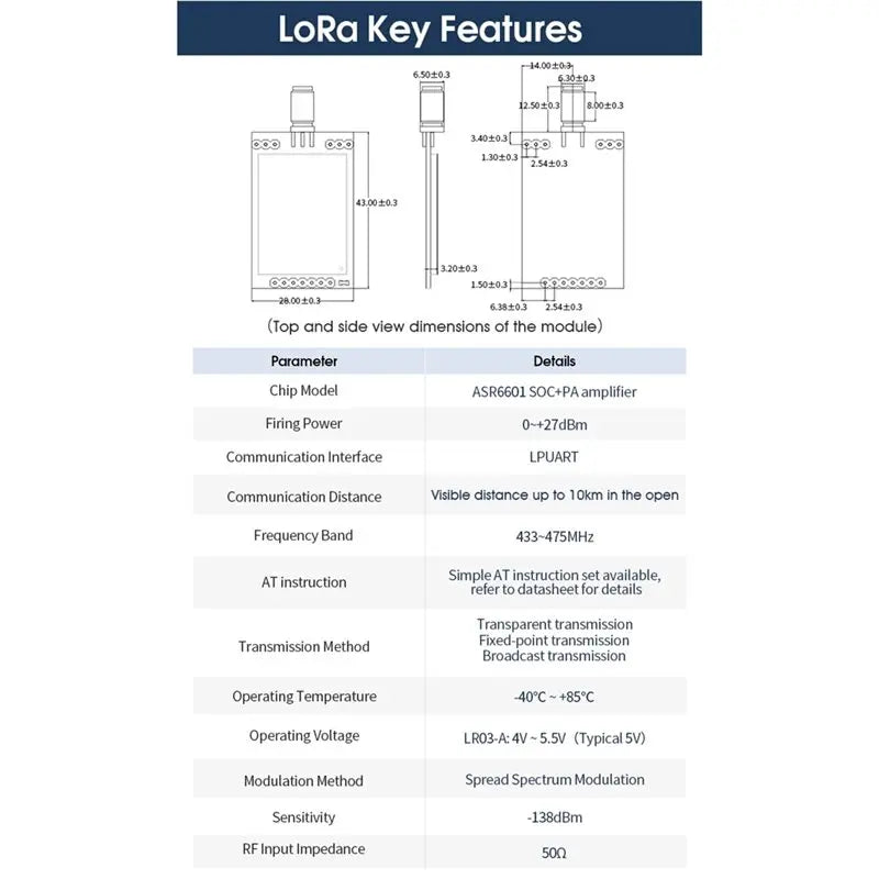 M52K-DX-LR03 433-475Mhz Long Range 10KM Transmission Power 27Dbm Lora Module ASR6601 Uart Serial Port AT Lora Module