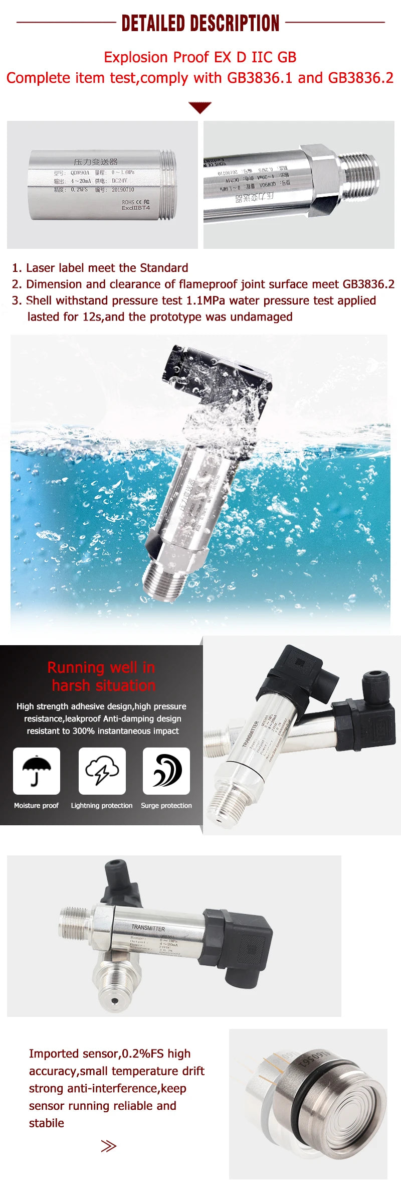 G1/2' 4-20mA Pressure Sensor 0-10V 1bar/10bar/100bar Oil Water Gas 100psi/10Kpa/50mbar RS485 Pressure Transmitter