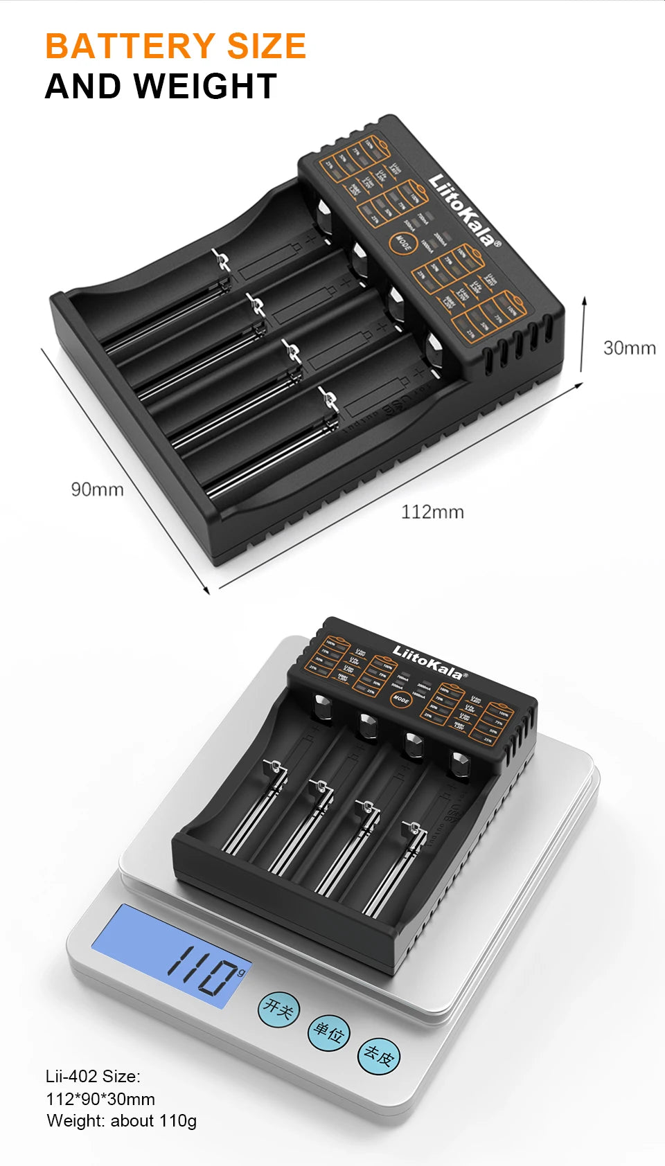 LiitoKala Lii-402 Universal Smart Battery Charger Compatible with Multiple Sizes Including 18650, 26650, 18500 Batteries