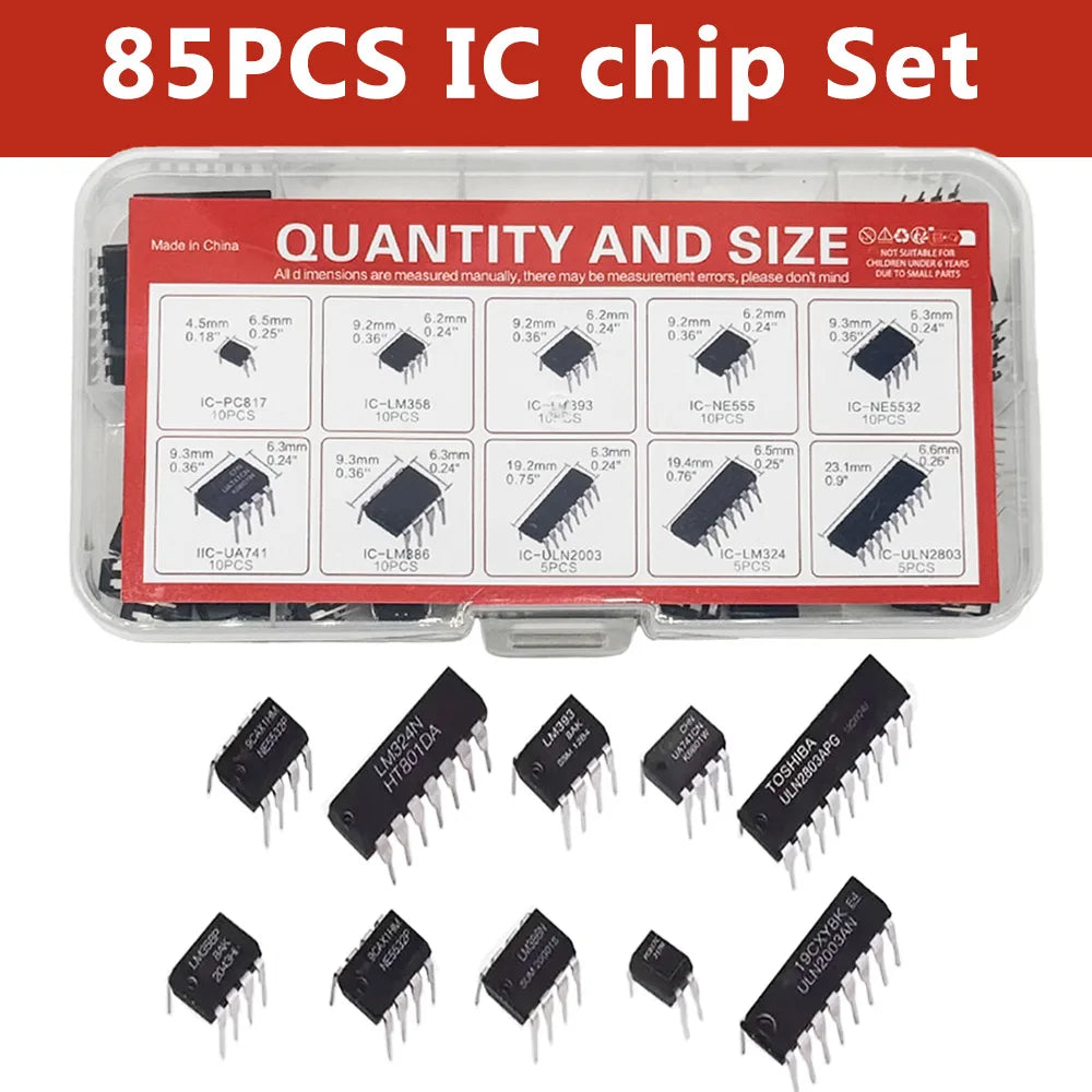 85PCS IC Chip Kit DIP Integrated Circuit NE555 LM324 LM358 ULNN2803 Single Precision Timer DIY Electronic Components Tentacle