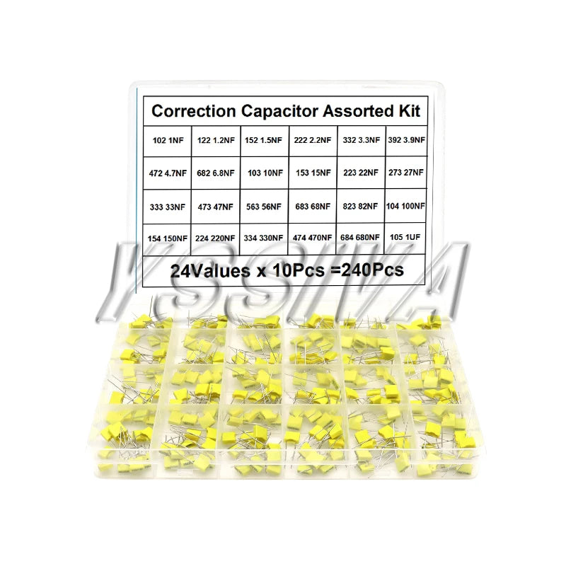 240Pcs Correction Capacitor Assorted Kit 24Values x 10Pcs 100V 102J-105J Polypropylene Safety Plastic Film Capacitors Set