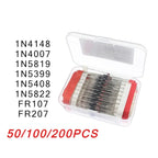 50/100/200pcs Rectifier Diode Schottky Diodes Kit 1N4007 1N4148 1N5819 1N5399 1N5408 1N5822 FR107 FR207 Fast Switching