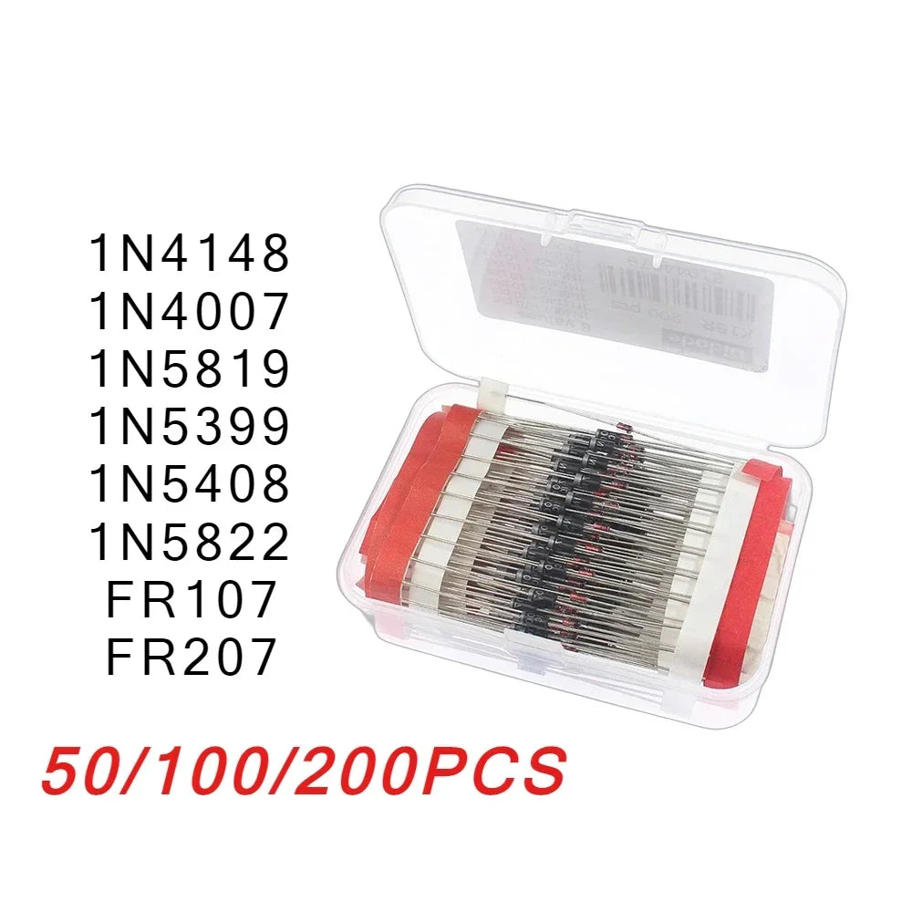 50/100/200pcs Rectifier Diode Schottky Diodes Kit 1N4007 1N4148 1N5819 1N5399 1N5408 1N5822 FR107 FR207 Fast Switching