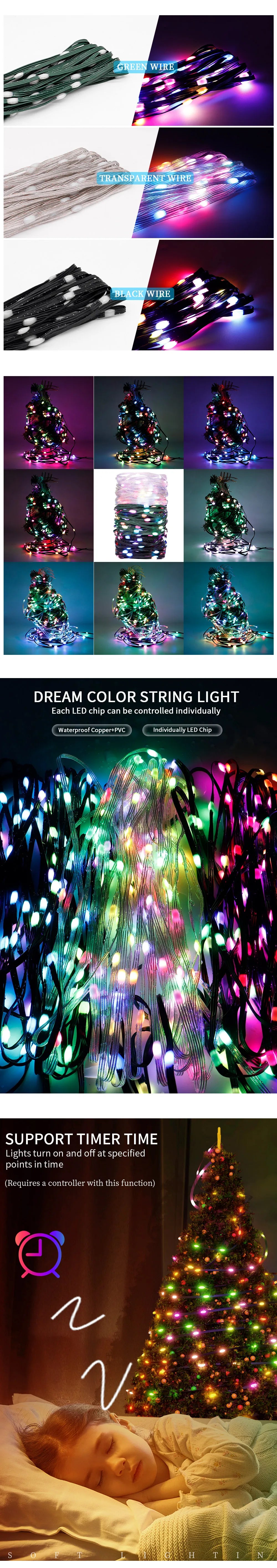 DC5V Addressable WS2812B LED String Transport Green Black Wire WS2812 3PIN Wire RGB Strip Christmas Lights Waterproof Decor