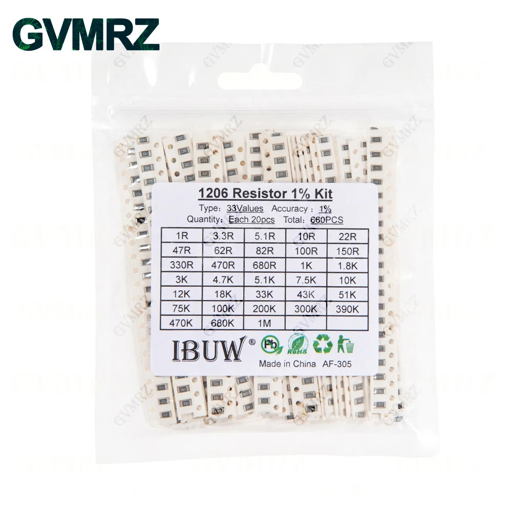 0201 0402 0603 0805 1206 1% 5% SMD Resistor Assorted Kit 1R-1M 10K 100K 1K 100R Resistance Set DIY