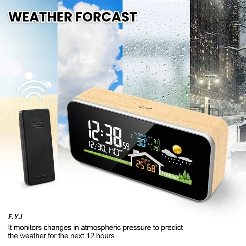 Wooden Wireless Weather Station Alarm Clock - Digital Thermometer Humidity Monitor with Wireless Sensor, Home Desktop TimeWatch