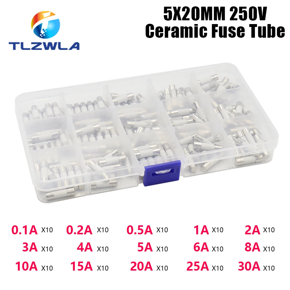 15Kinds 150PCS 5X20MM Fast-blow Glass Tube Fuses Car Ceramic Fuse Tube Assorted Kit 5*20 with Box fusiveis 0.1A-30A Household
