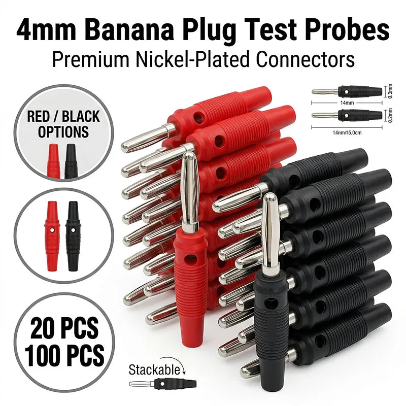 20/100PCS 4mm Stackable Banana Plug Connectors, Insulated High Current Plugs with Screw Terminal for Speaker,Multimeter and Test