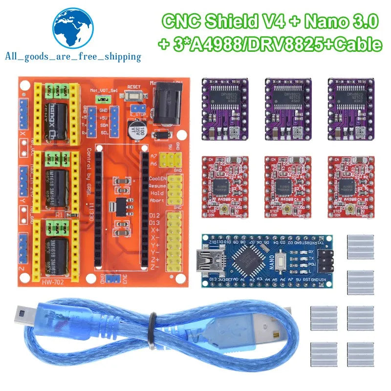 TZT 1SET 3DV4 CNC Shield V4 + Nano 3.0 + 3pcs DRV8825 or A4988  Reprap Stepper Drivers Set For  Arduino