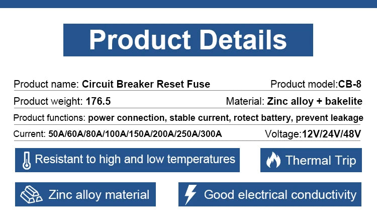 Circuit Breaker Reset Fuse 12v 24v 48v DC 20A-300A 250A Solar Fuse Car Boat Audio Manual Power Protect Fuse Resettable Insurance