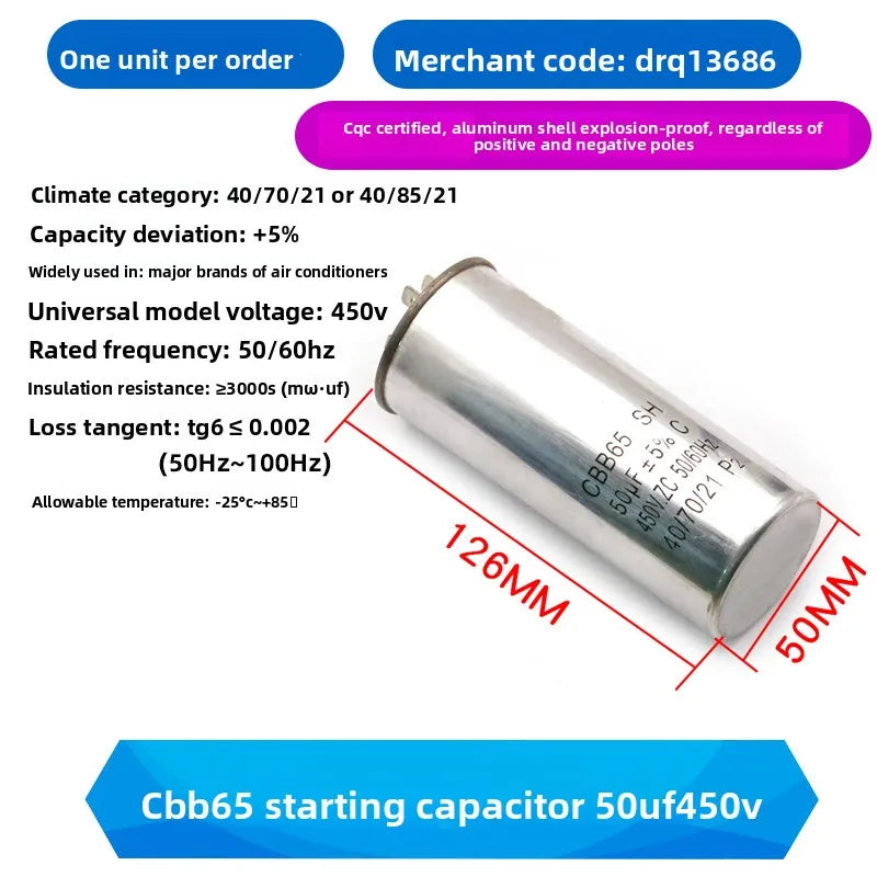 CBB65 AC Motor Capacitor Air Conditioner Compressor Start Capacitor 450VAC 5uF 20uF 25uF 30uF 35uF 40uF 45uF 50uF 60uF 70uF 5%