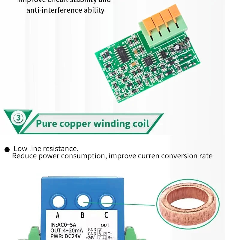 3 Phase Current Transmitter 4-20ma 0-5v 0-10v RS485 8mm Hole Three Phase Ampere Sensor Signal Transducer