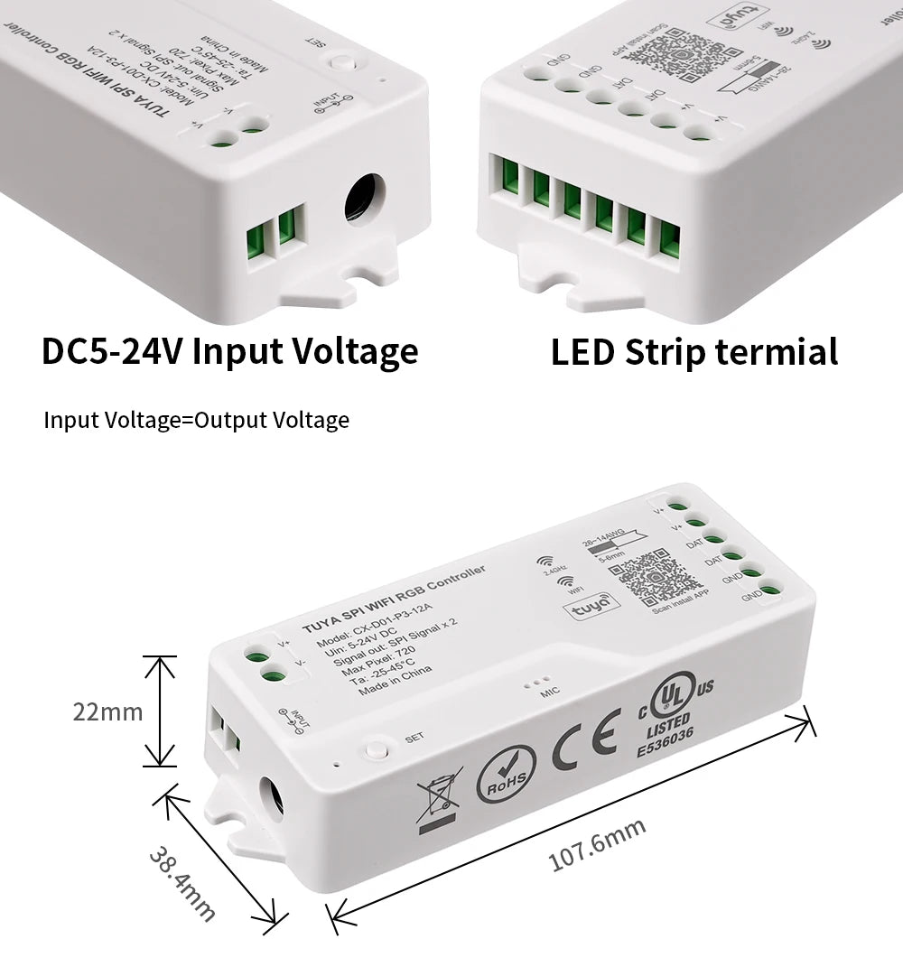 Tuya Wifi LED SPI RGBIC RGBWIC Controller WS2811 WS2812B SK6812 Addressable LED Strip Light Voice Control Alexa Google 5-24V