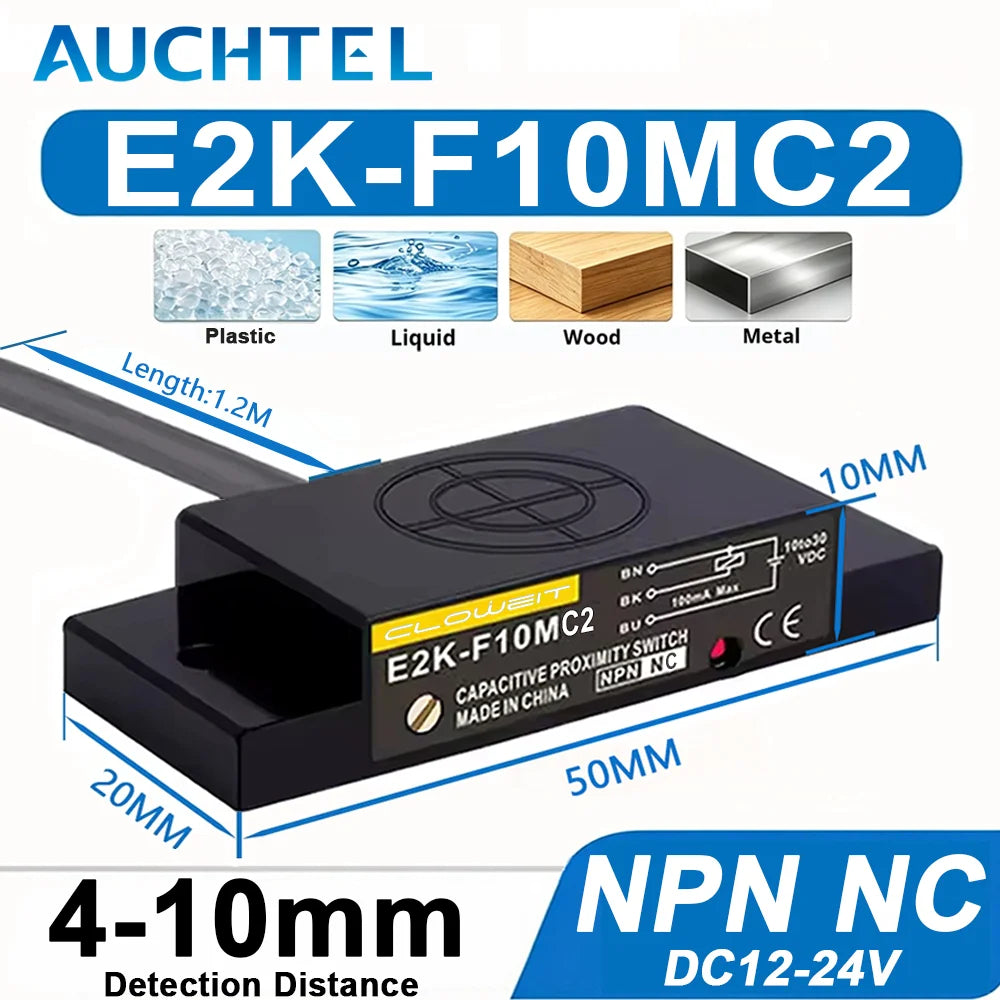 AUCHTEL Square Capacitive Proximity Switch Sensor E2K-F10MC1 Level Non-metallic Detection Sensor Three-wire NPN PNP