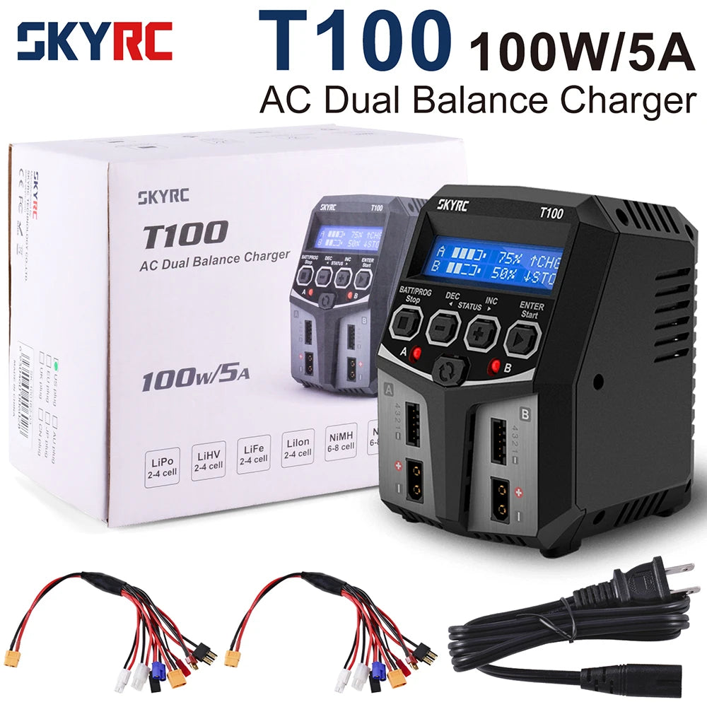 SKYRC T100 AC Lipo Battery Balance Charger Dual 5A 2X50W for 2-4S NiMH / NiCd / LiPo / LiFe / Lilon / LiHV  RC Car Charger