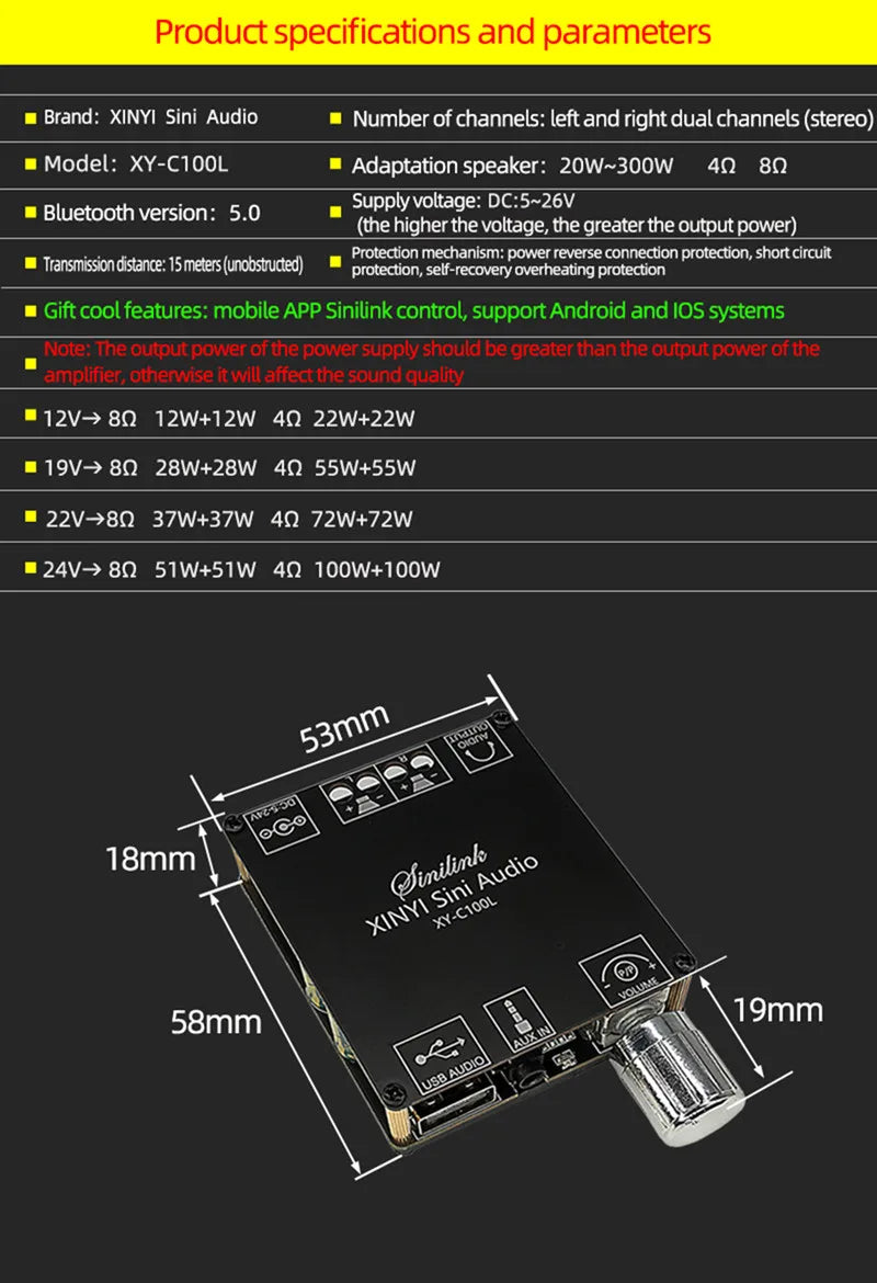 XINYI Sini Audio C50L/C100L Stereo Bluetooth Digital Power Amplifier Board 50W Dual Channel 360 Degree Stepless Tuning AMPModule