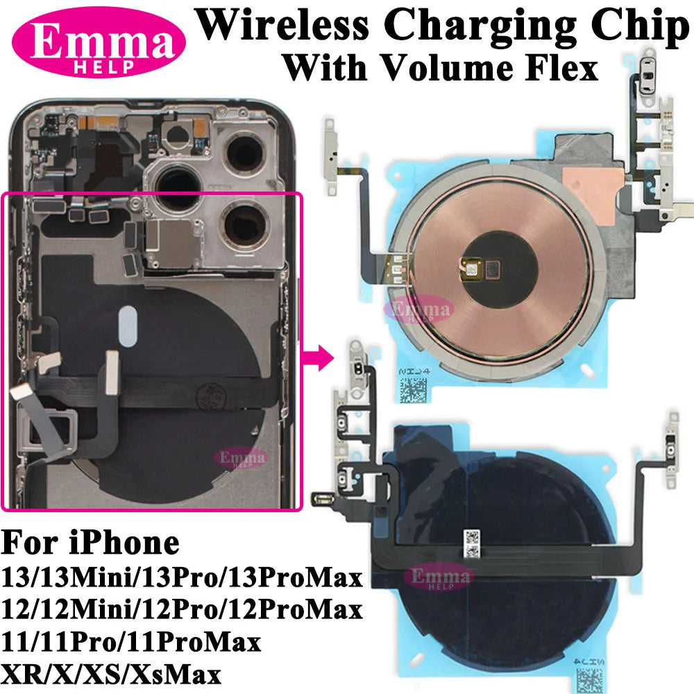 EmmaHelp 1pc For iPhone 13 Pro Max 16 14 15 8 Plus XR Wireless Charging Coil With Volume Flex Flash Charger Panel Sticker
