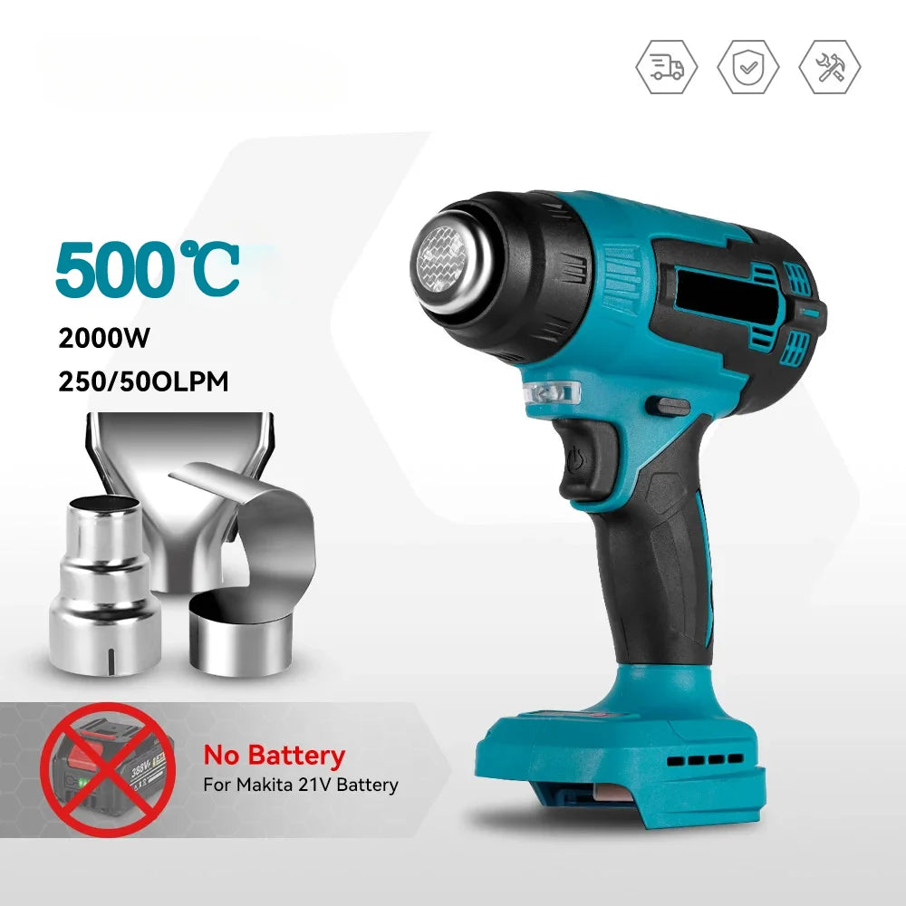 Cordless Hot Air Gun Handheld Hot Air Gun with 3 Nozzles Heat Gun Thermal Blower 0-500℃ Rechargeable for Makita Battery