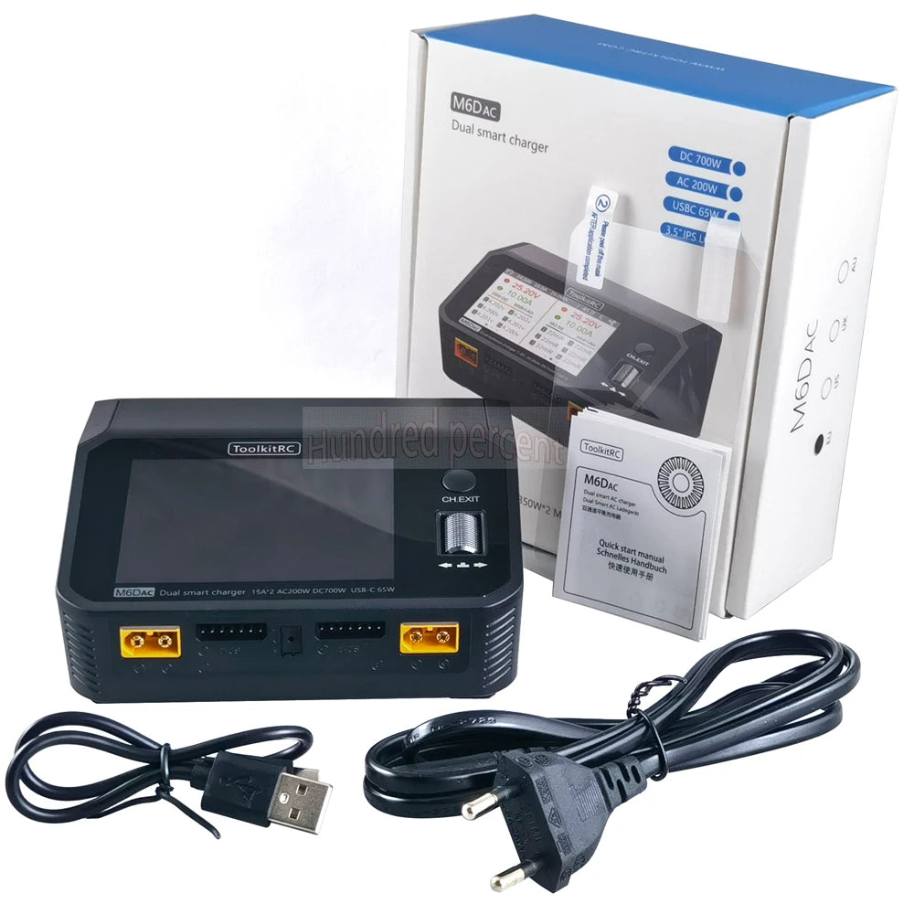 ToolkitRC M6DAC Dual Channel Smart Lipo Battery Charger Discharger AC 200W DC 350WX2 15A for 1-6S LiHV PD 65W