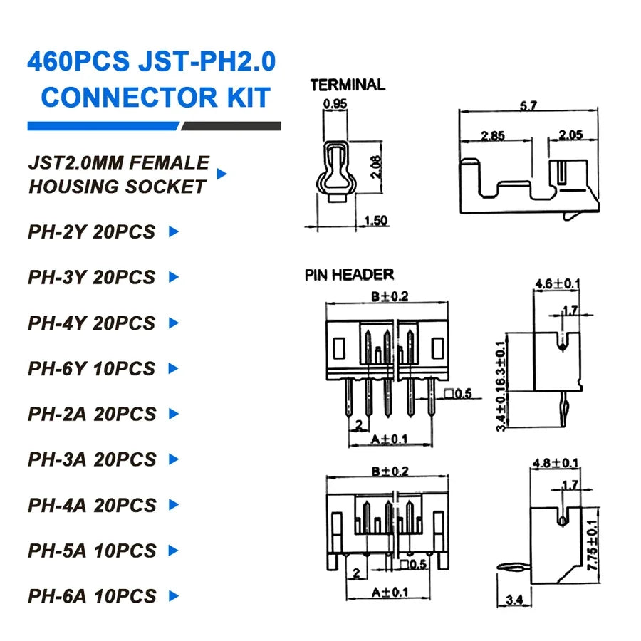 JST XH2.54 PH2.0 Male Female Connector Kit 2/3/4/5/6 Pin Plug with Terminal Wires Cables Socket Header Wire Connectors Kit