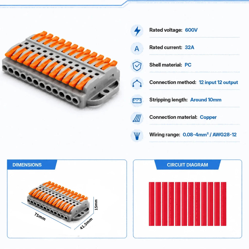 2P-30P Lever Electrical Wire Connector Terminal Block Electrical Cable Connectors Wire Terminals 1 In 1 Out Screw Mount 600V 32A