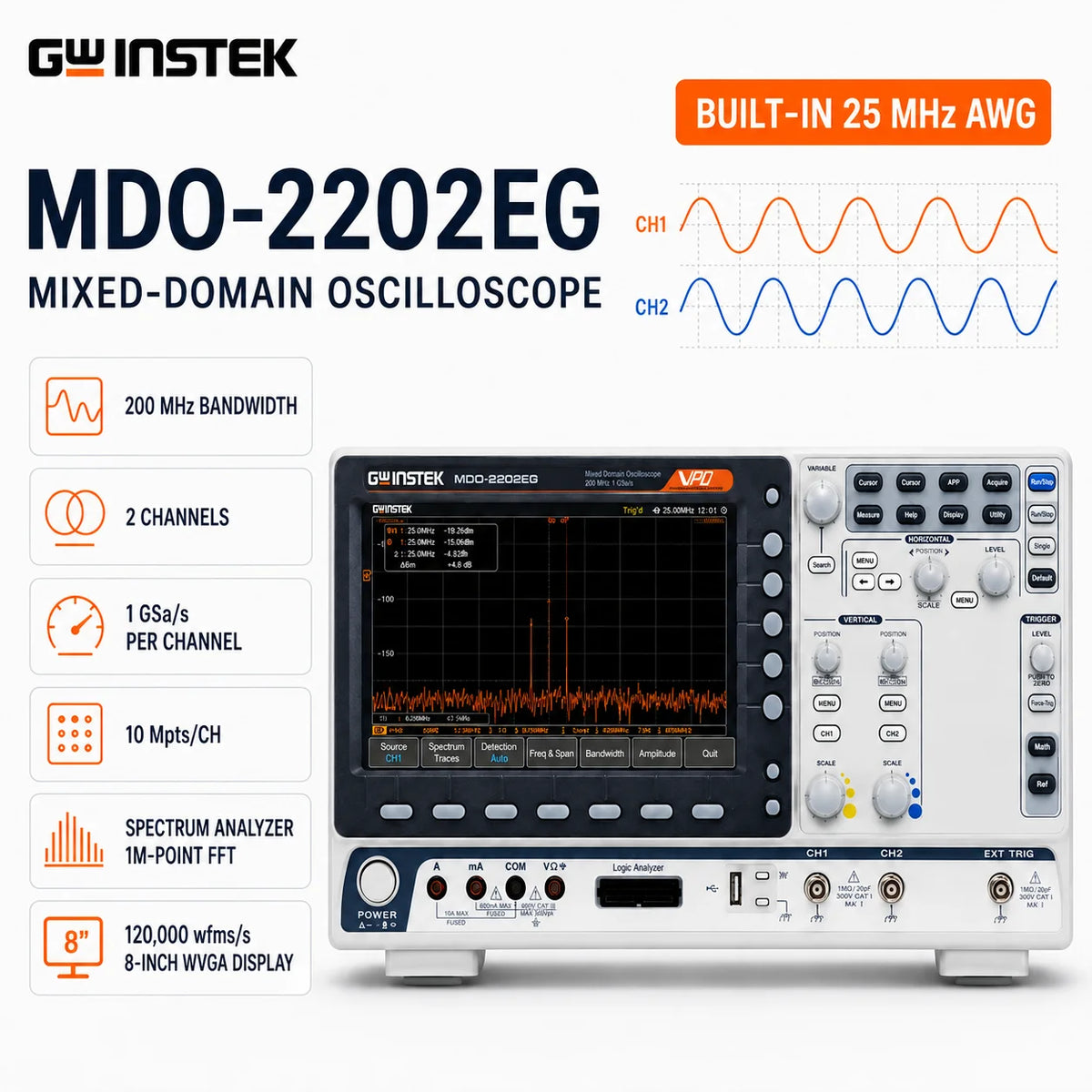 GW Instek MDO-2102EG/2202EG Mixed-Domain Oscilloscope, 100/200 MHz, 2/4-Channel, 1 GSa/s, Spectrum Analyzer, Dual 25 MHz AWG