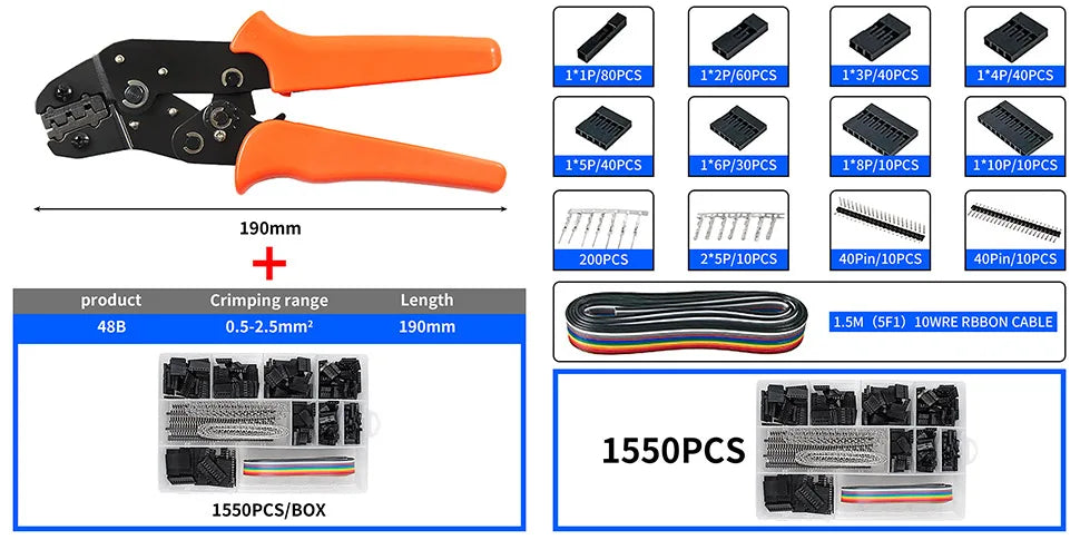YICHENG 2.54mm Dupont Connector Kit with Ratcheting Wire Crimping Tool,Male Female Pins, Headers & Ribbon Cable