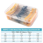 300pcs 1/4W Metal Film Resistors Kit 10Ohm ~1MOhm 30Values 1% Accuracy 0.25W Electronic Components Kit