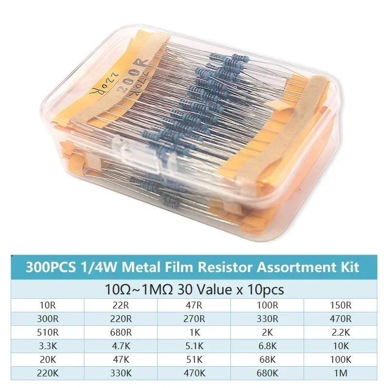 300pcs 1/4W Metal Film Resistors Kit 10Ohm ~1MOhm 30Values 1% Accuracy 0.25W Electronic Components Kit
