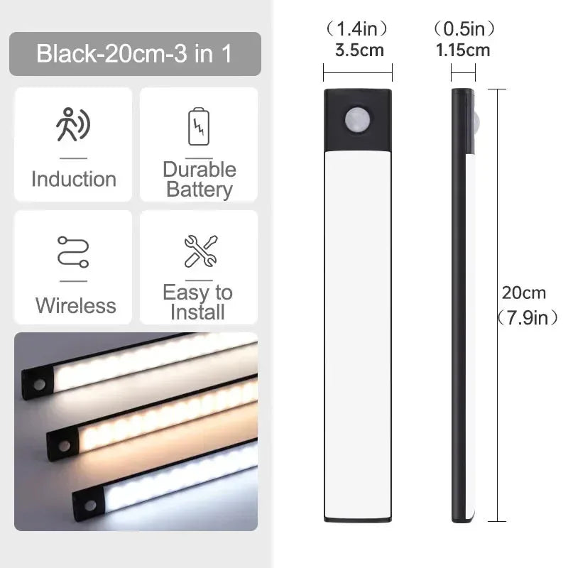 10-60cm USB Rechargeable Ultra-Thin Motion Sensor Light Magnetic Mount  3-Color Adjustment Under Cabinet Light for Home Office