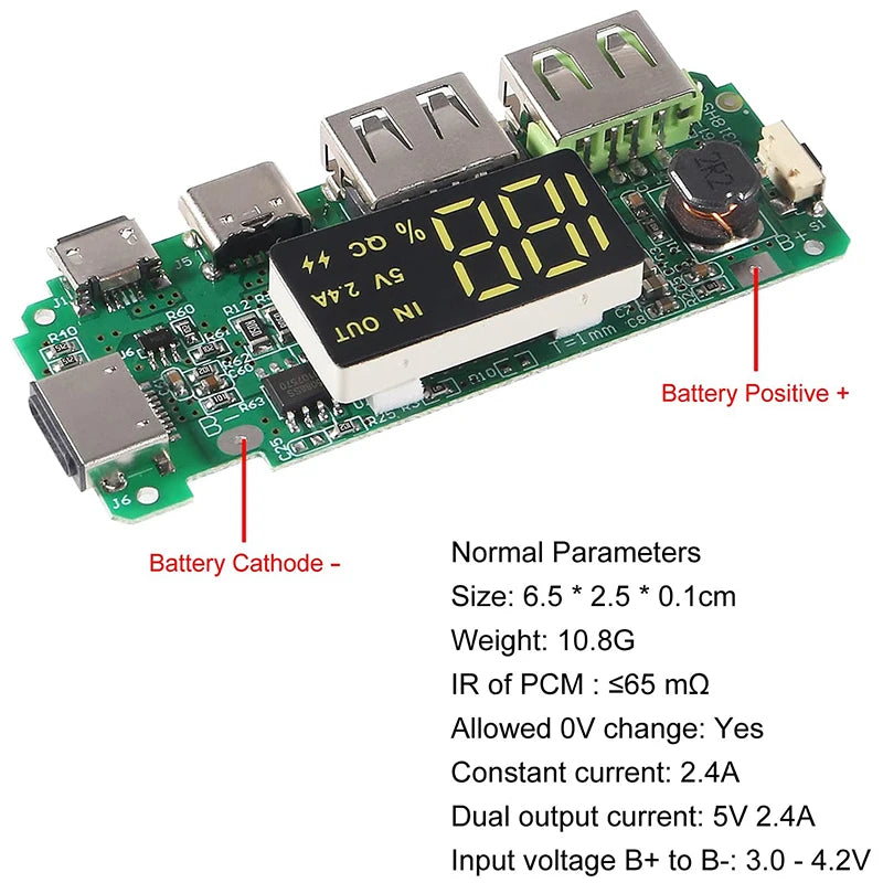 18650 Charging Module Lithium Battery Charger Board LED Dual USB 5V 2.4A Micro or Type-C USB Mobile Power Bankdischarge Short