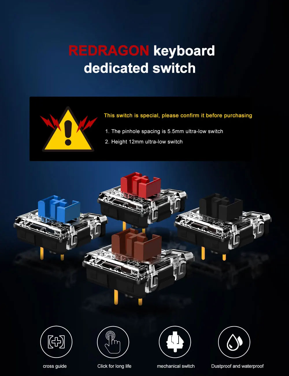 REDRAGON SMD RGB MX Low Profile 5.5 switch 3Pin Clicky Linear Tactile silent Mechanical keyboard red black blue brown Switche