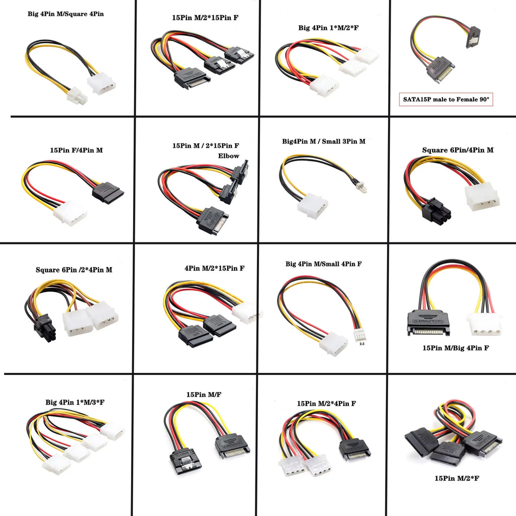 20cm Power 6Pin 8Pin 4Pin 15Pin SATA Male to 4Pin IDE Molex Female 15Pin SATA Female Power Cable Computer Cable 6Pin To 8Pin
