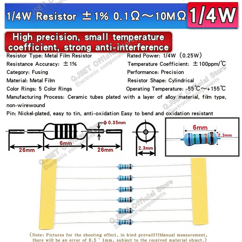 20pcs 2W Metal Film Resistors 1% 10 47 100 22 470 Ohm 1K 4.7K 10K 22k 47K 100k 200k 510k 470k 910k 1M Ohm 5 Color Ring Resistors