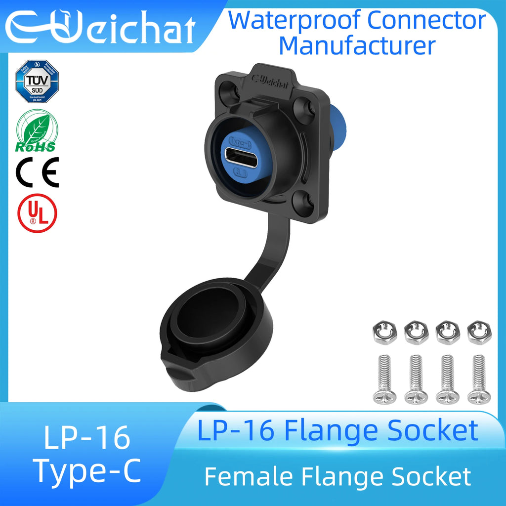 EW-LP16 Type-C USB 3.1 5A Female Socket Rear Nut Locking Jack Panel Mount Connector Waterproof Fast Charging Data Wire Cable